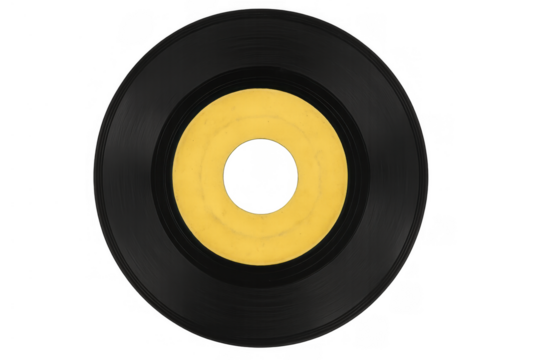 Vinyl record 45 rpm single with blank yellow label, retro music disc for audio sound, transparent background