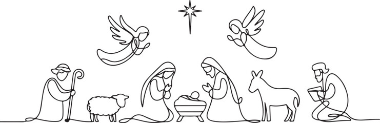Continuous one line drawing. Bible Merry christmas scene of holy family. Vector illustration