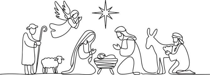 Obraz premium Continuous one line drawing. Bible Merry christmas scene of holy family. Vector illustration