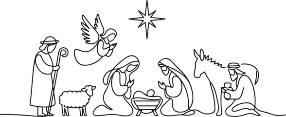 Continuous one line drawing. Bible Merry christmas scene of holy family. Vector illustration