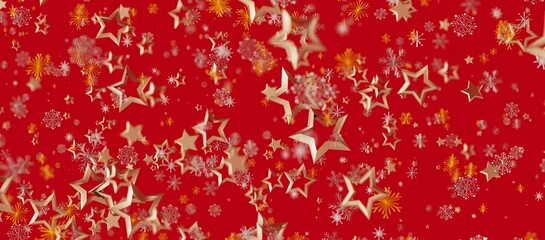 Abstract Christmas background featuring golden stars and snowflakes on a red backdrop. Perfect for holiday design, greetings and wint © vegefox.com