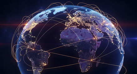 Global network connecting cities around the world, symbolizing international communication and trade
