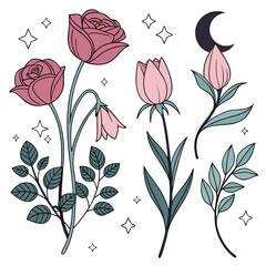 Elegant floral arrangement with roses and moon isolated on