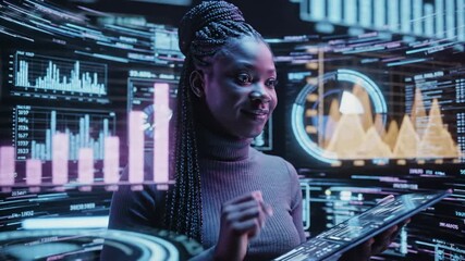 Data Analyst Working with Futuristic Interface - A young woman with braids uses a tablet while surrounded by data visualizations and a futuristic interface. - Powered by Adobe