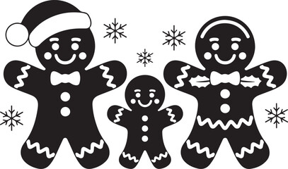 Gingerbread family silhouette. Christmas cookie characters holding hands. Cute holiday vector illustration of a man woman and child for festive baking themes