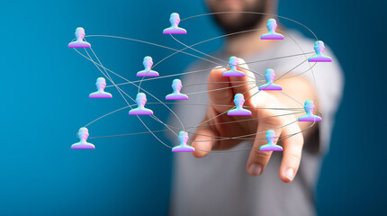 Person interacting with a digital network, representing concepts like connection, community, technology, and global networking in a vibrant blue