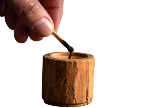 A person's hand holding an extinguished match over a rustic wooden candle holder, isolated on a white background