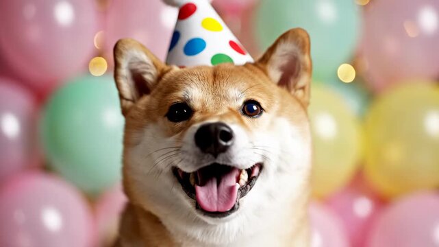 Shiba Inu Birthday Celebration - A close-up shot of a Shiba Inu wearing a birthday party hat, its tongue slightly out, against a backdrop of pastel-colored balloons.