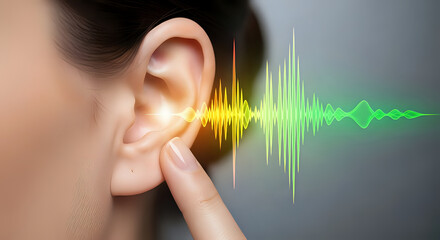 Close up of a human ear with finger touching and sound wave representation overlayed on the image