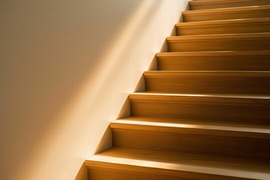 Warm wooden staircase with sunlight and shadow - Powered by Adobe