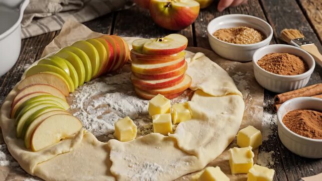 Rustic Apple Galette Preparation - This video showcases the preparation of a rustic apple galette on a wooden surface, with sliced apples arranged in a circle on a pastry dough, dotted with butter