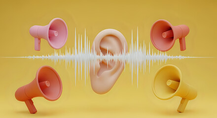 An ear with sound waves surrounded by four colorful megaphones on a yellow colored background