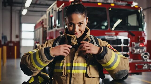 Confident Female Firefighter in Station - A female firefighter stands with hands on hips, smirking slightly, in front of a fire engine.