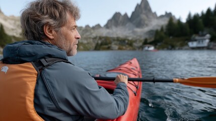 Person paddling a kayak on a calm mountain lake with dramatic peaks in the background