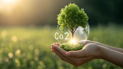 Hands cupping a small green tree encased in a transparent globe with "Co2" symbol