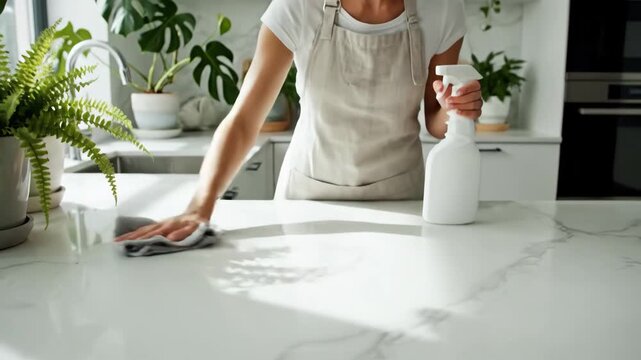 Cleaning Kitchen Countertop - A woman is cleaning a white marble kitchen countertop with a gray cloth and a white spray bottle. The bright kitchen includes houseplants near the sink.