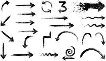 Collection of hand drawn black arrows and directional symbols in various styles and shapes on a white background
