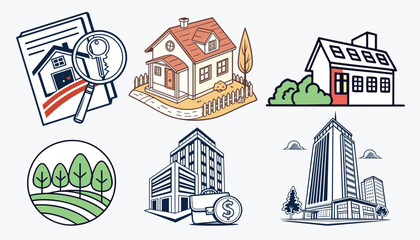 Minimal Real Estate Icons Set – House, Building, Mortgage and Property Outline Vector