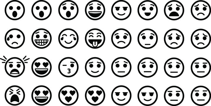 Collection of diverse black and white emoji faces expressing a wide range of emotions and feelings