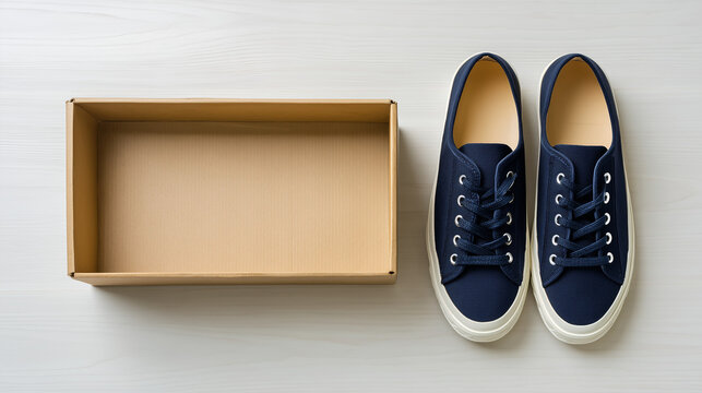 Pair of blue sneakers and an empty cardboard box isolated on white background