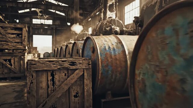 Abandoned Warehouse Interior with Barrels and Crates - This video shows the interior of a derelict warehouse filled with weathered barrels and wooden crates.