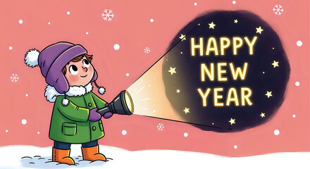 A child with a flashlight illuminating happy new year text in a snowy winter scene illustration