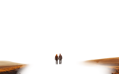 Loving couple walking together hand in hand enjoying a serene natural landscape from behind perspective isolated on transparent background PNG