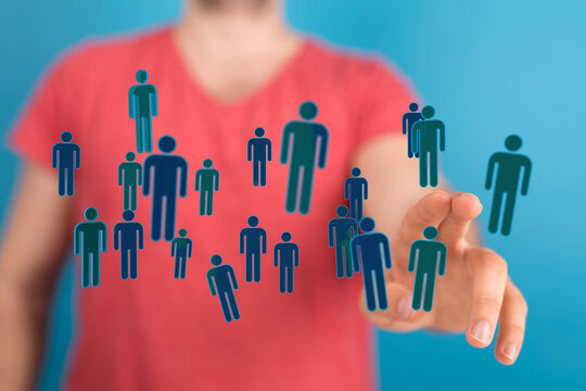 Hand reaching towards people icons representing networking, teamwork, and social connection. Digital interface