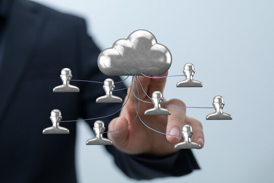 A hand interacting with a cloud computing interface, symbolizing connectivity, network and data security.