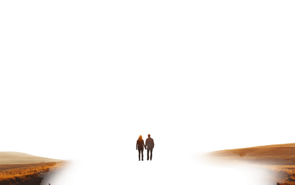 Loving couple walking together hand in hand enjoying a serene natural landscape from behind perspective isolated on transparent background PNG