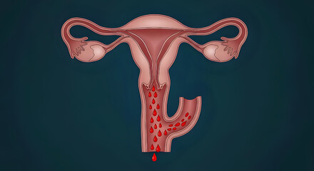 Illustration of a uterus and fallopian tubes with blood flowing downwards on a dark background