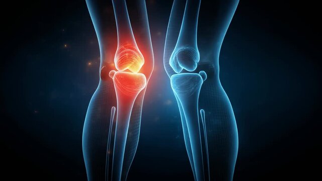 Detailed digital illustration of human knee anatomy highlighting healthy and injured joints for medical education
