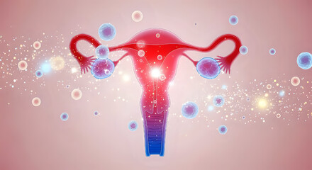 Anatomical illustration of a uterus with floating cells on a light pink gradient background