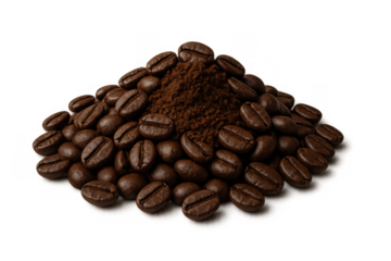Coffee beans and ground powder forming a delicious pile, perfect for hot drinks, showing rich brown color on a transparent background