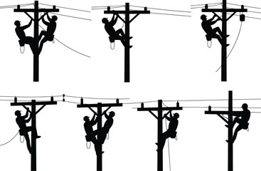 Electric lineman working on power pole, repairing electric lines, utility worker silhouette, safety harness, maintenance service, high voltage, teamwork, electricity