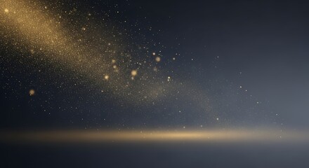 Golden light particles and lens flare on a dark background
