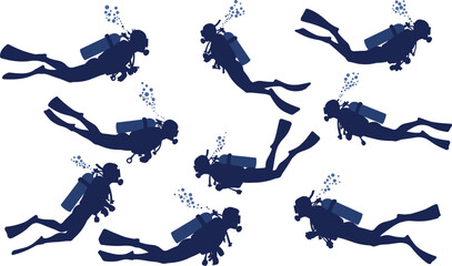 Group of scuba divers underwater, swimming in ocean, deep sea exploration, marine adventure illustration, underwater activity, diving silhouette vector