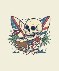 Skeleton enjoying tropical drink on the beach with surfboards behind