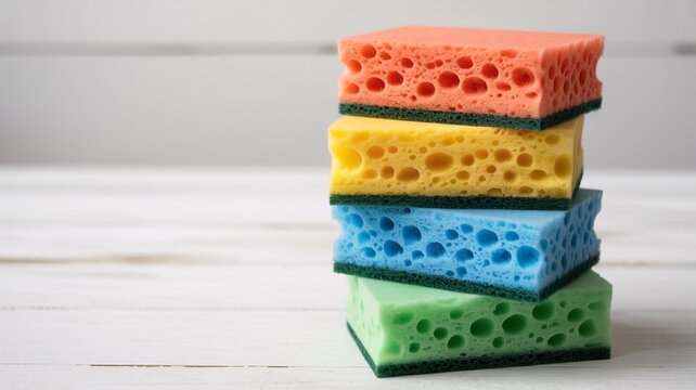 Stack of colorful cleaning sponges for household chores and dishwashing needs