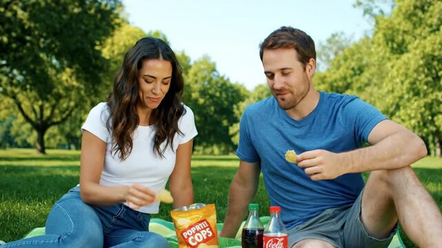 A happy couple enjoys snacks and drinks together on a picnic blanket in a sunny park. - Powered by Adobe