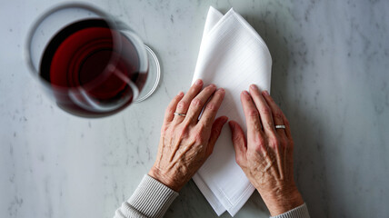 Elderly hands folding a napkin beside a glass of red wine  
