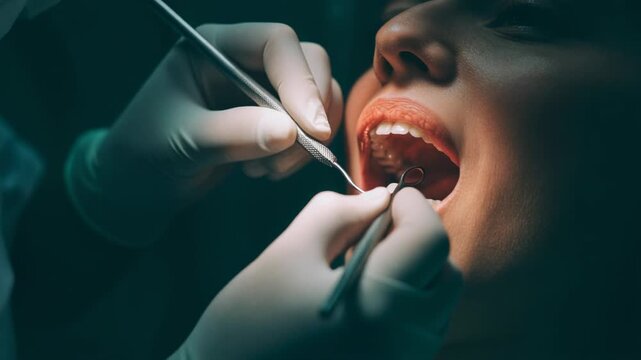 Dental examination in a clinic, woman patient receiving oral care by a dentist with tools