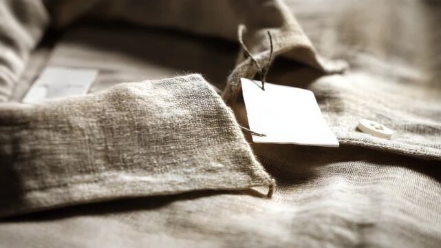 Ultra HD Closeup of a beige linen shirt with a blank tag attached, showcasing the texture and details of the fabric and buttons, perfect for fashion or retail concepts