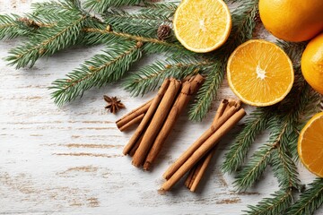 Cinnamon sticks lie among fresh pine branches and bright orange halves in a festive rustic flat lay