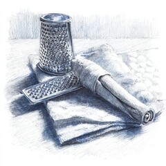 A detailed hand-drawn sketch depicts a cinnamon stick beside two metal graters resting on a textured cloth