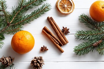 Cinnamon sticks, oranges and pine branches form a bright festive flat lay on clean white wooden boards