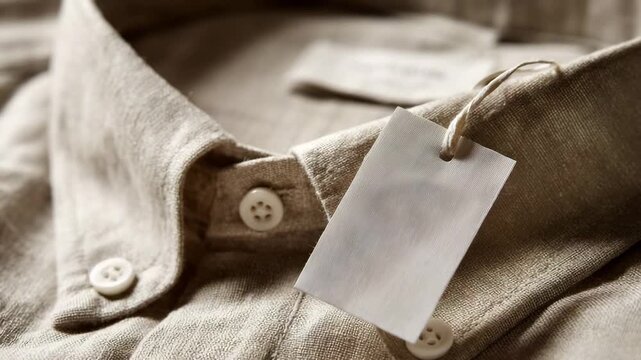 Ultra HD Detailed shot of a light brown linen shirt with a blank tag, emphasizing the natural texture and button details, ideal for fashion, retail, or textilerelated themes