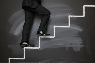 Business man climbing stairs drawn on chalkboard for career success concept