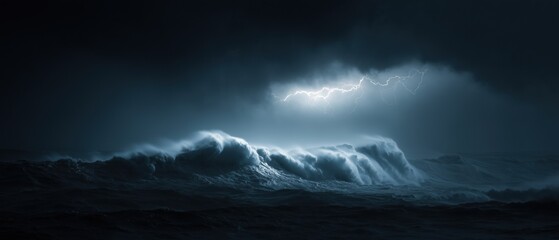 Naklejka premium Storm, Lightning and Sea. Dramatic Ocean Thunderstorm: Nature's Raw Power and Intense Energy