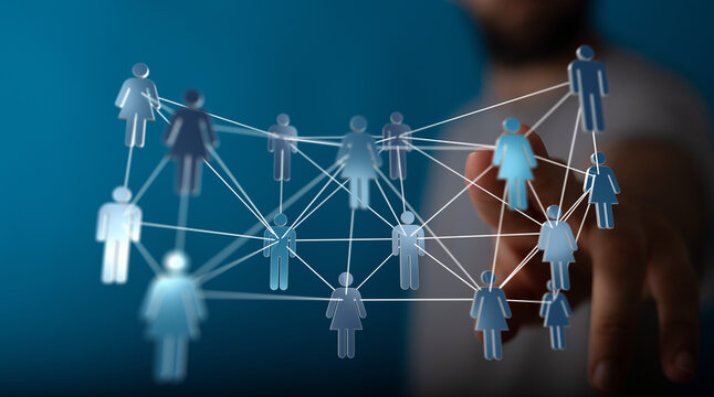 Abstract image of a person touching a digital network of people. Represents social media, online connections, t